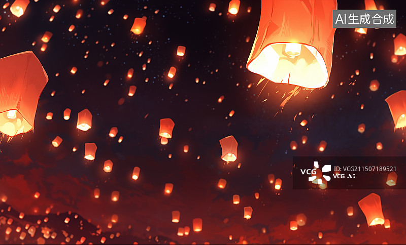 【AI数字艺术】放飞的孔明灯图片素材