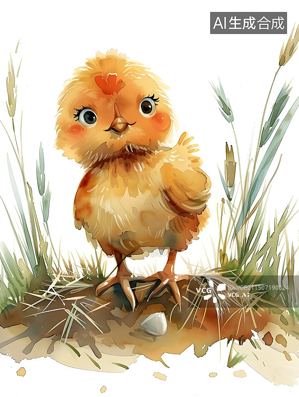 【AI数字艺术】水彩插画插图一只可爱的小鸡图片素材
