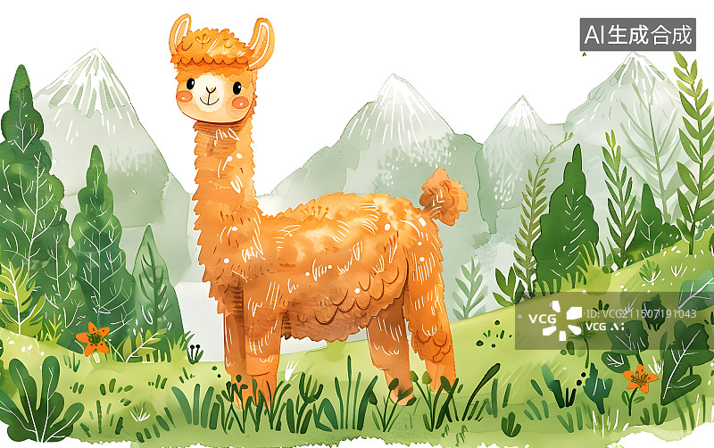 【AI数字艺术】森林里可爱的羊驼水彩插画图片素材