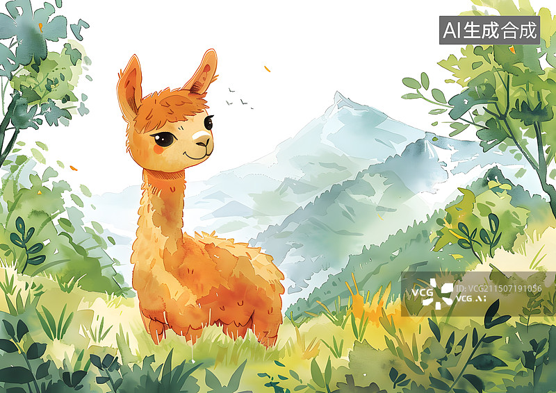【AI数字艺术】森林里可爱的羊驼水彩插画图片素材