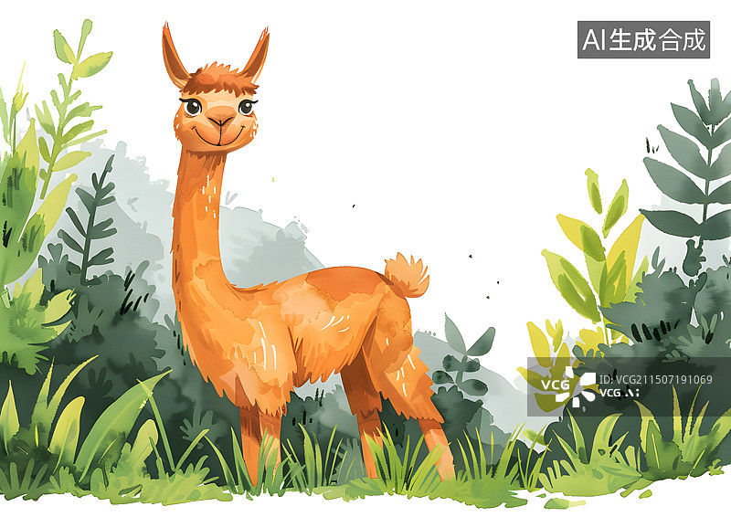 【AI数字艺术】森林里可爱的羊驼水彩插画图片素材