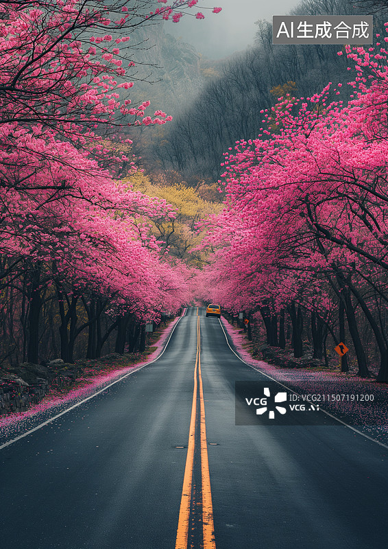 【AI数字艺术】公路两旁开满漂亮的樱花图片素材