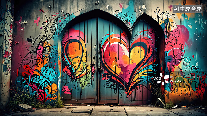 【AI数字艺术】中文标题： 涂鸦双开门·艺术之心图片素材