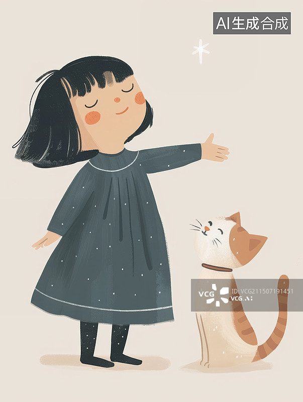 【AI数字艺术】指向天空的少女和她的猫图片素材
