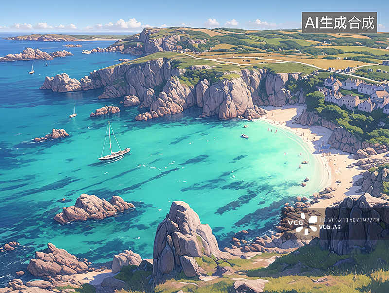 【AI数字艺术】帆船航行在历史遗迹旁的海湾图片素材