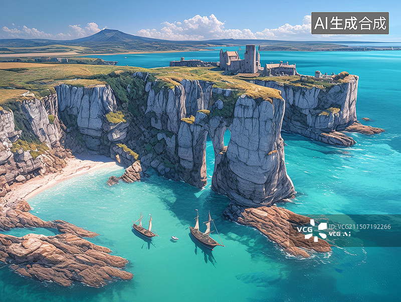 【AI数字艺术】帆船航行在历史遗迹旁的海湾图片素材