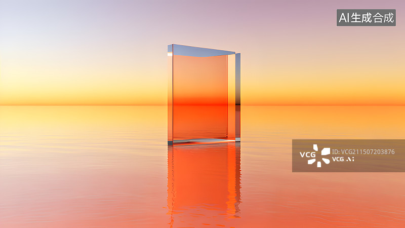 【AI数字艺术】3D渲染，橙色水面上的抽象玻璃墙，透明玻璃几何体，柔和桃粉色湖面，橘色大海，现代设计感背景图，场景图图片素材