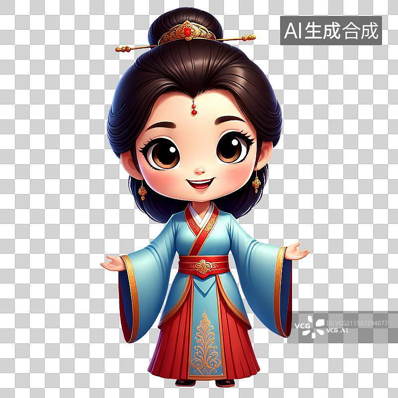 【AI数字艺术】3D渲染人物，一个卡通古代女子，古装女性，女人汉服，传统服装，免抠素材图片素材