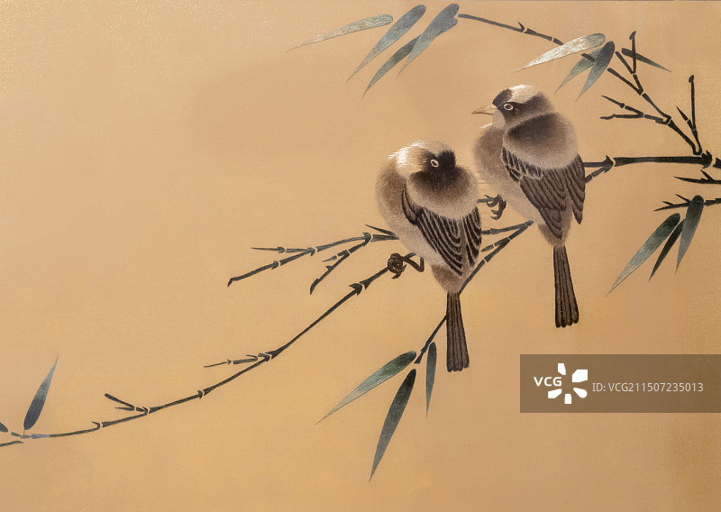 河南非物质文化遗产，开封宋绣，花鸟，竹，麻雀图片素材