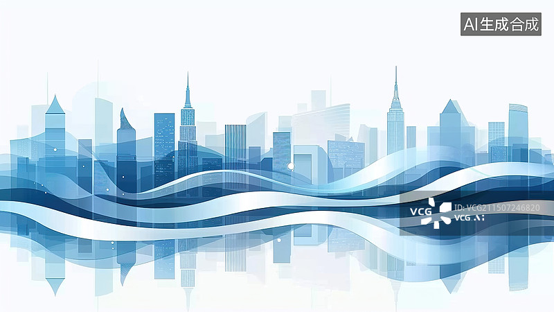 【AI数字艺术】扁平极简设计风格蓝色波浪条纹城市天际线主视觉背景图片素材