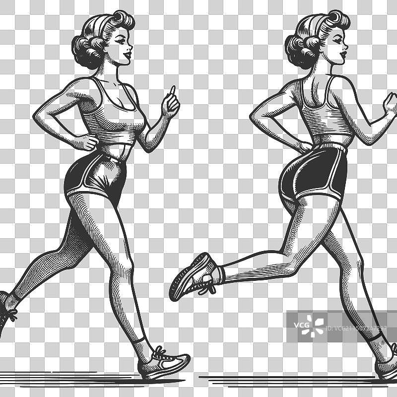 穿着复古运动装的女人慢跑速写图片素材