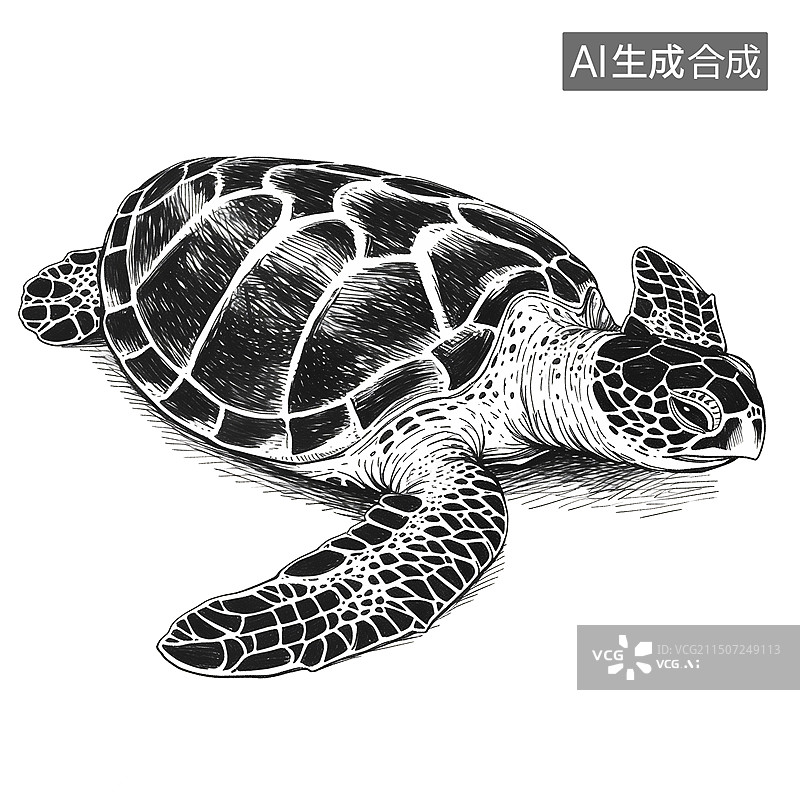 【AI数字艺术】海龟钢笔版画黑白线描插画图片素材
