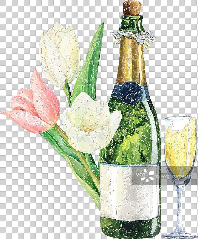郁金香香槟水彩花卉瓶子图片素材