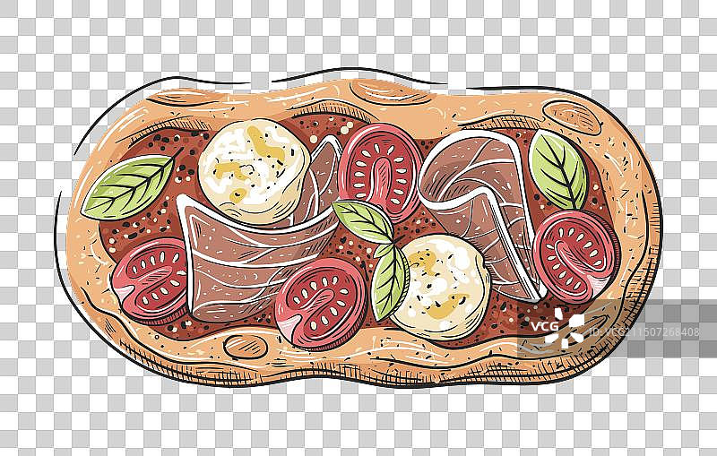 搭配意式火腿、番茄和马苏里拉奶酪的皮萨图片素材