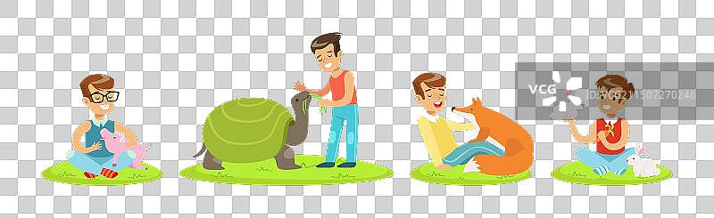 在宠物动物园里快乐的孩子和可爱的动物图片素材