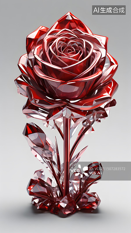 【AI数字艺术】红水晶玫瑰花，水晶金属玫瑰花奖杯图片素材