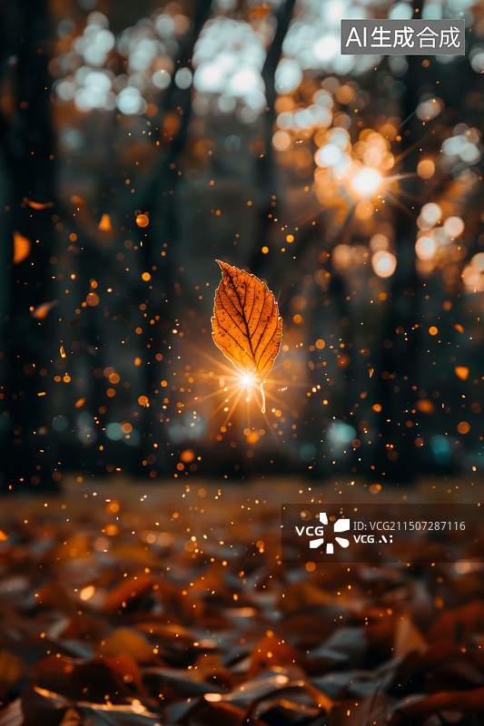 【AI数字艺术】模糊背景下的一片秋叶特写图片素材