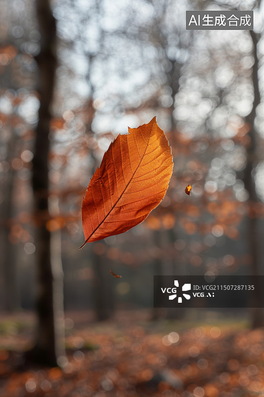 【AI数字艺术】模糊背景下的一片秋叶特写图片素材