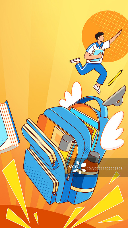 一个穿着校服跳的学生和他的书包一起飞起来图片素材