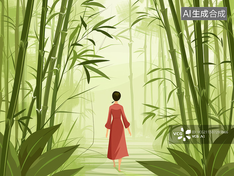【AI数字艺术】穿长裙的女子在竹林间行走背影扁平风插画图片素材