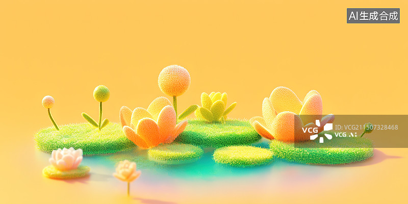 【AI数字艺术】夏日莲花池荷塘小景，毛毡风格的莲花和荷叶图片素材