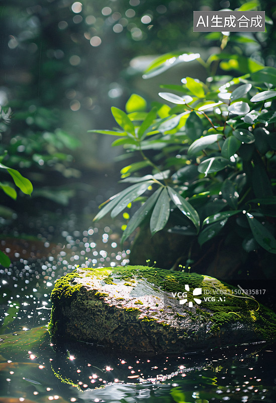 【AI数字艺术】电商背景产品布景绿色茂盛的叶子，苔藓和蕨类植物在有雾气候的热带花园图片素材