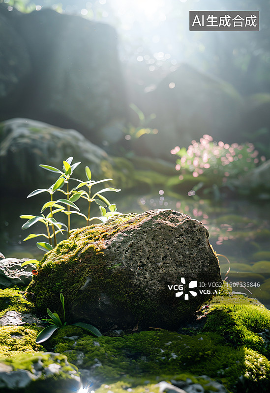 【AI数字艺术】电商背景产品布景绿色茂盛的叶子，苔藓和蕨类植物在有雾气候的热带花园图片素材