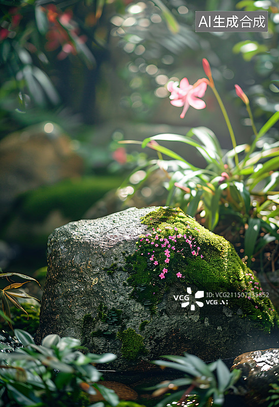 【AI数字艺术】电商背景产品布景绿色茂盛的叶子，苔藓和蕨类植物在有雾气候的热带花园图片素材