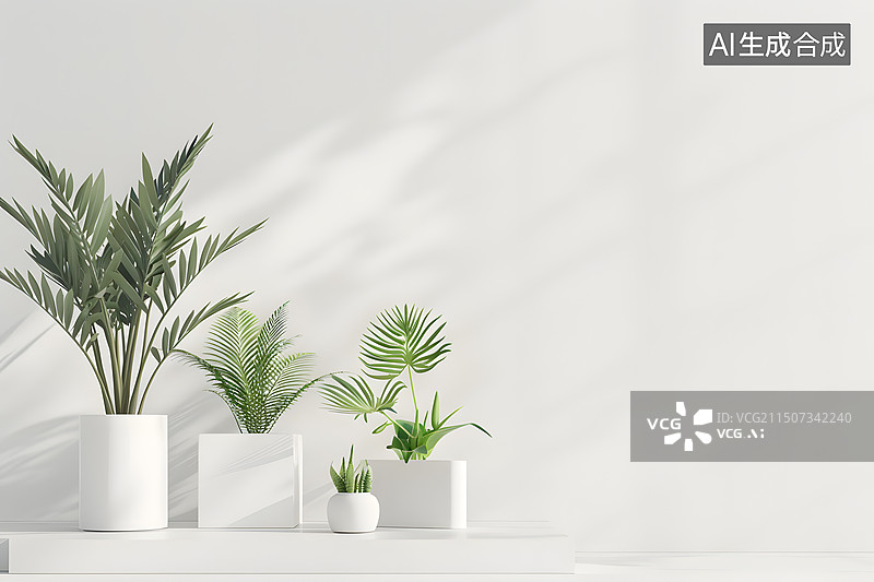 【AI数字艺术】白色背景下盆栽植物的特写镜头图片素材