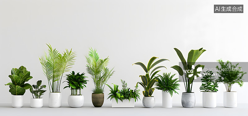 【AI数字艺术】白色背景下盆栽植物的特写镜头图片素材