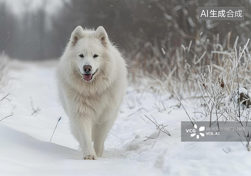 【AI数字艺术】萨摩耶犬在雪地里行走图片素材