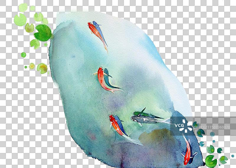 手绘水彩池塘锦鲤元素图片素材