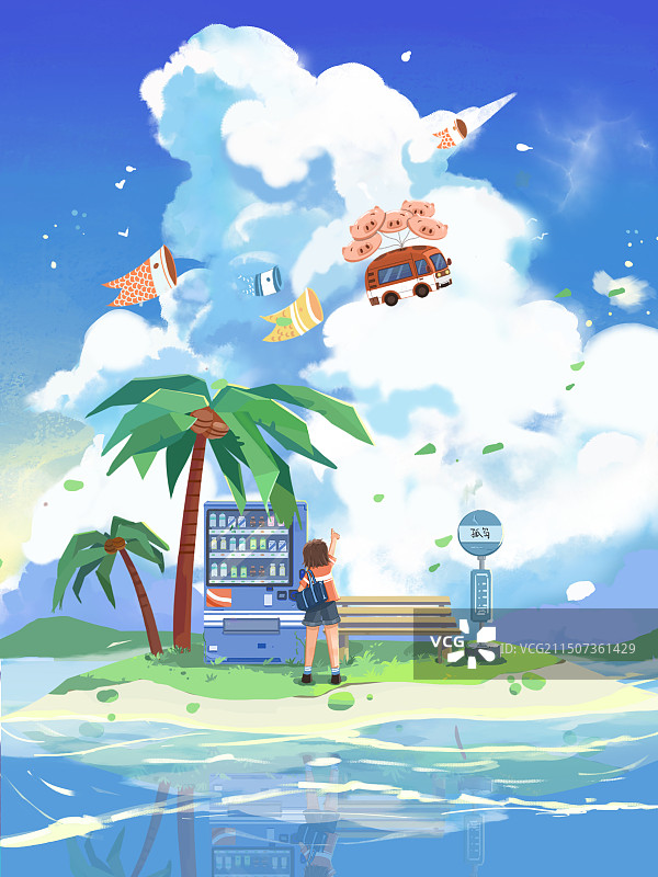 炎炎夏日下的孤岛公交站图片素材