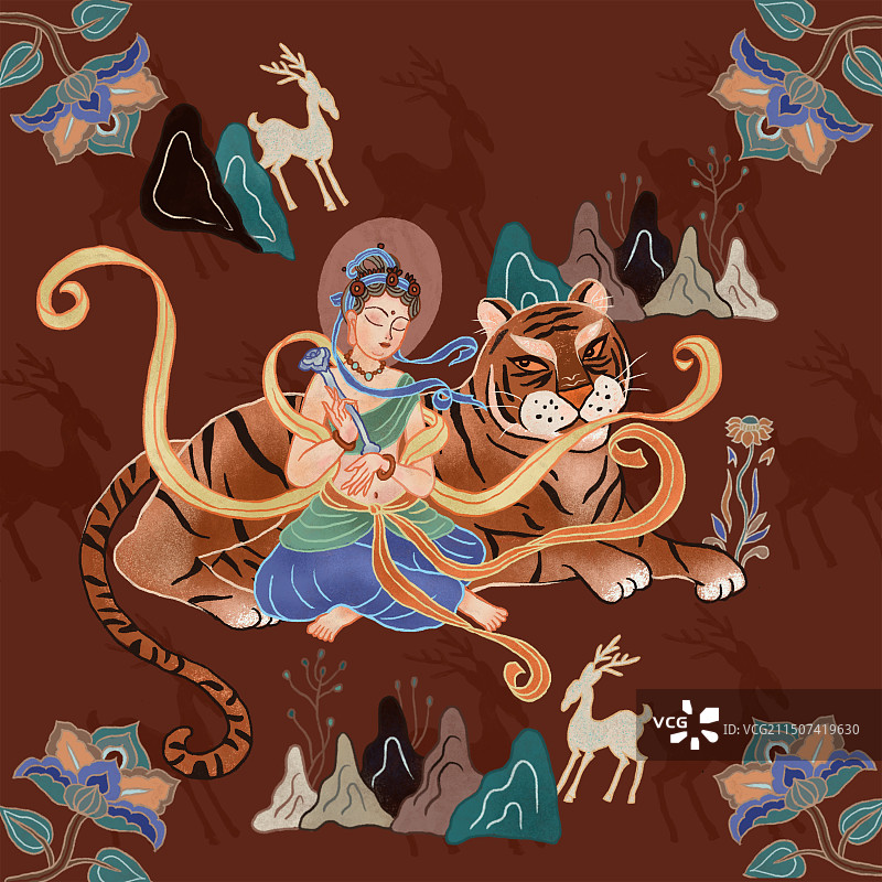 敦煌风菩萨与虎图片素材