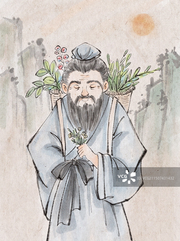 手绘水墨中国风中医古风人物采药插画.psd图片素材