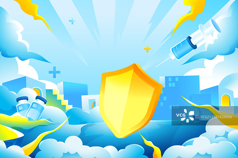 卡通医疗健康医护医生挂号看病生病意外保险盾牌保障医疗医保疫苗特效药医保外用药城市生活渐变矢量插画图片素材