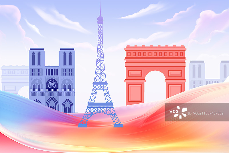 城市科技天空背景风景法国巴黎奥运运动会建筑自然手绘插画图片素材