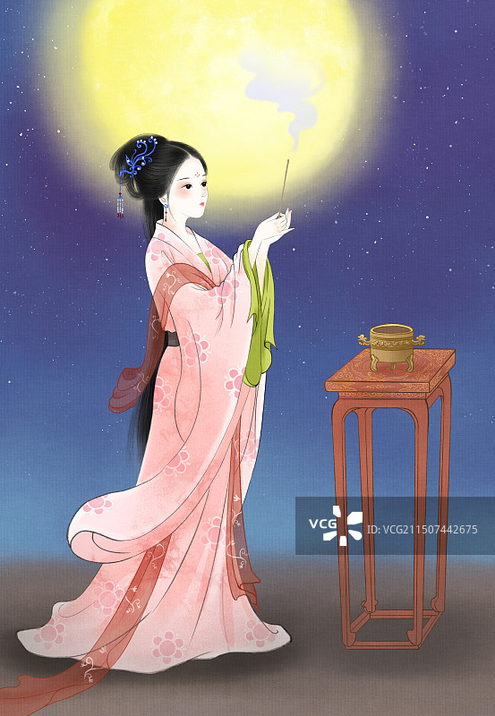 貂蝉拜月四大美女插画图片素材