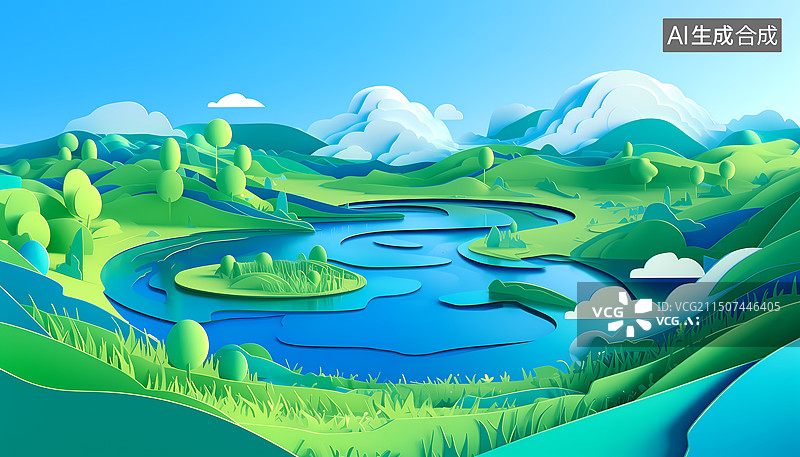 【AI数字艺术】山坡绿色草地湖泊小岛山峰云朵世界环境日3D插画图片素材