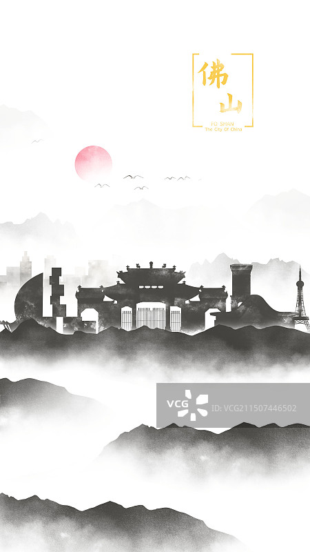 中国风佛山水墨城市黑白山水文化诗意水墨画剪影图片素材