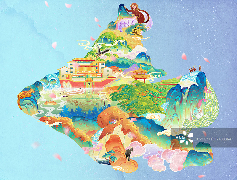 插画国潮风地图森林动物建筑绿色紫色橙色色调图片素材