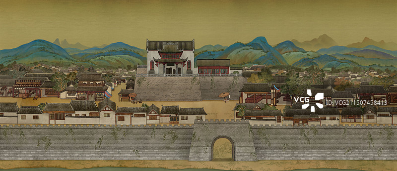 插画国潮古风古代建筑亭子街道商业街城门仿古画日景图片素材