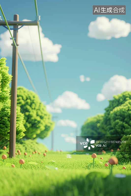 【AI数字艺术】草地上电线杆电力输送特变电压图片素材