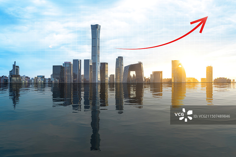 北京CBD天际线倒影、证券股票上涨图片素材
