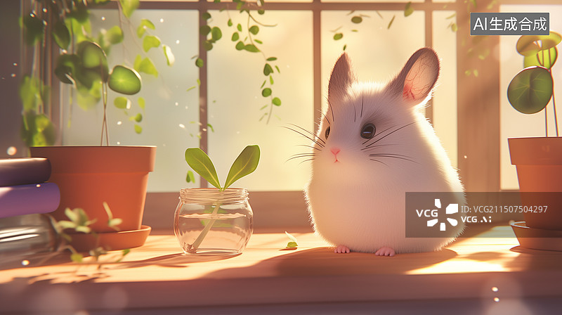 【AI数字艺术】清新可爱家中晒太阳的胖毛丝鼠3D卡通插画图片素材