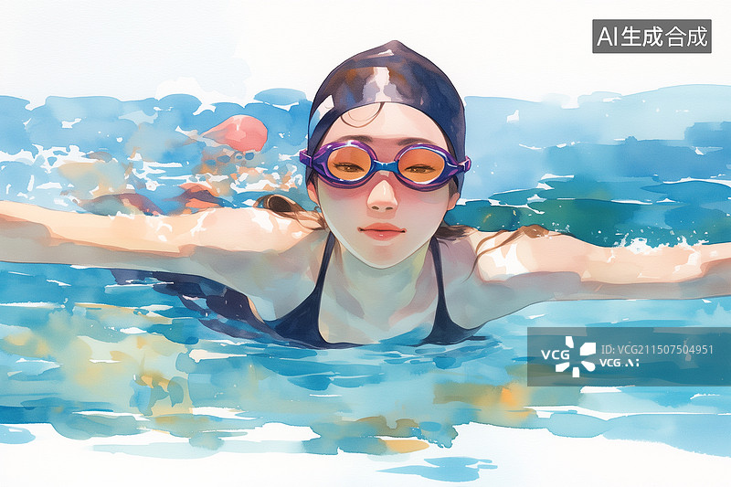 【AI数字艺术】夏天清新明亮戴泳帽泳镜游泳的女孩人像插画图片素材
