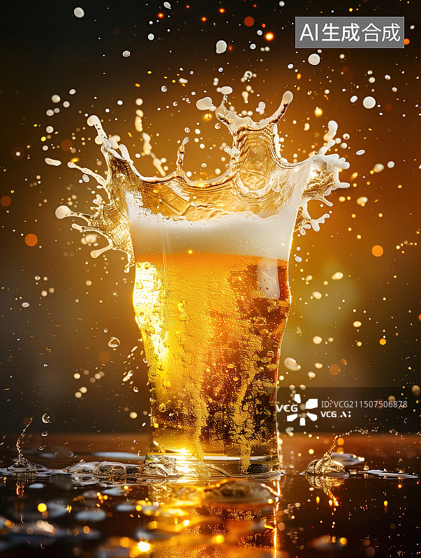 【AI数字艺术】夏日凉爽，啤酒飞溅酒花特写镜头图片素材