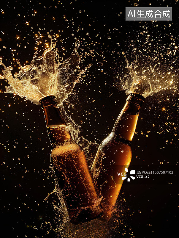 【AI数字艺术】夏日凉爽，啤酒飞溅酒花特写镜头图片素材