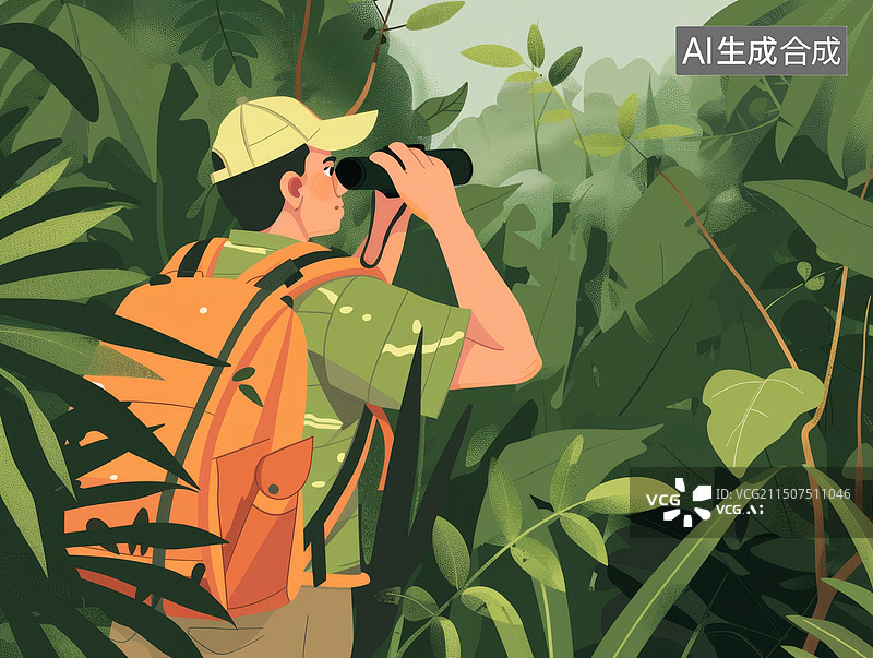 【AI数字艺术】男性动物学家在森林里观察鸟类扁平插画图片素材