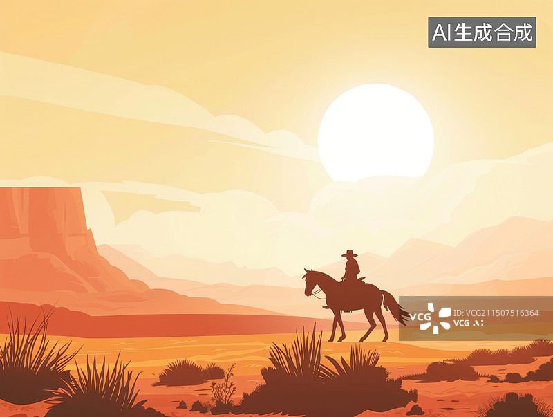 【AI数字艺术】牛仔骑马在沙漠日落中行走扁平插画图片素材